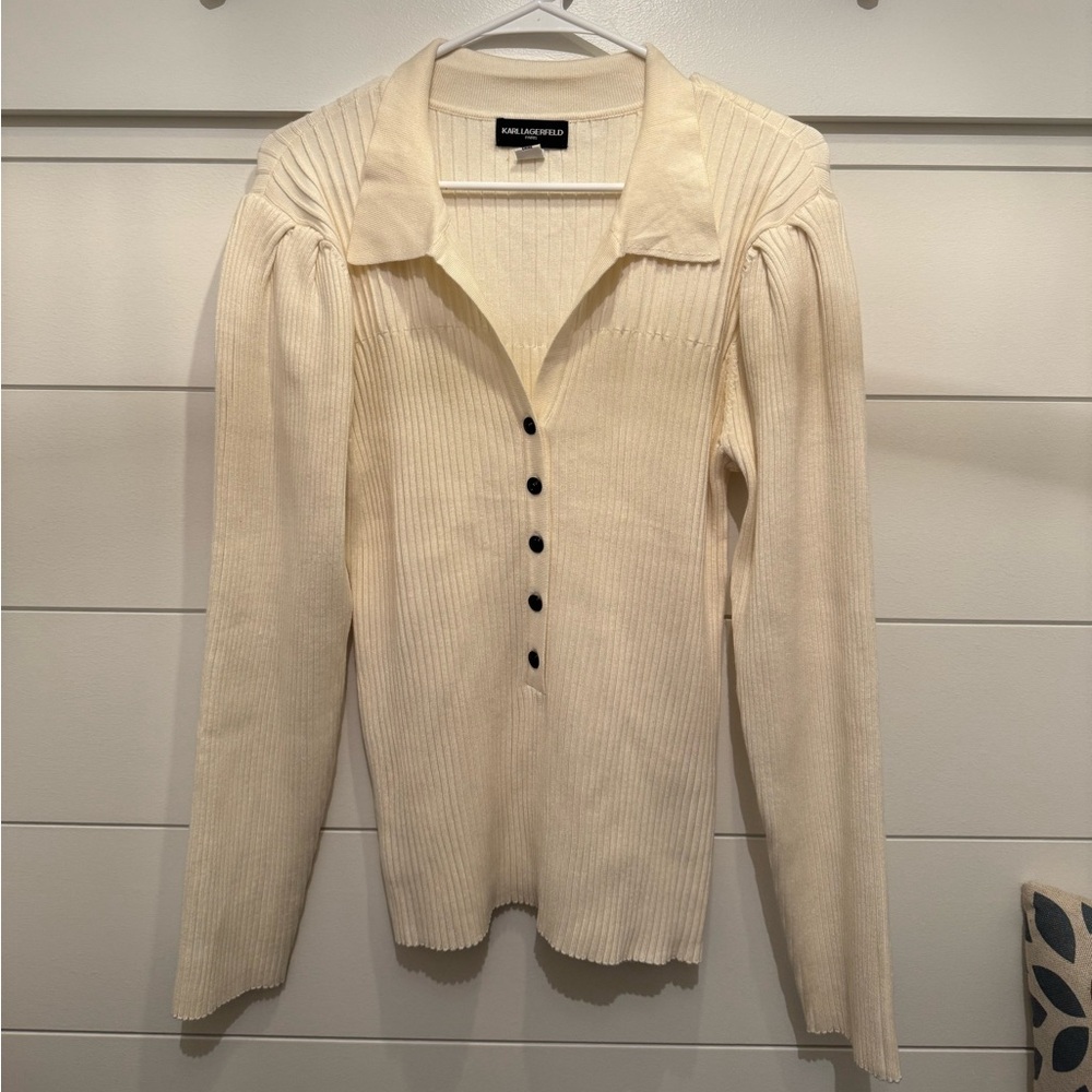 Karl Lagerfeld Cream Ribbed Sweater with Shoulder Pads, Women’s L